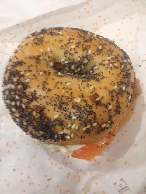 A 5 & Dime 'everything' bagel with cream cheese and smoked salmon 